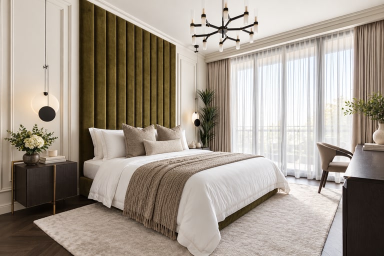 Sunlit bedroom with olive upholstered wall panels and a sculptural chandelier