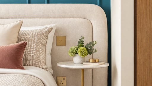 Textured cream headboard, brass details and a teal feature wall
