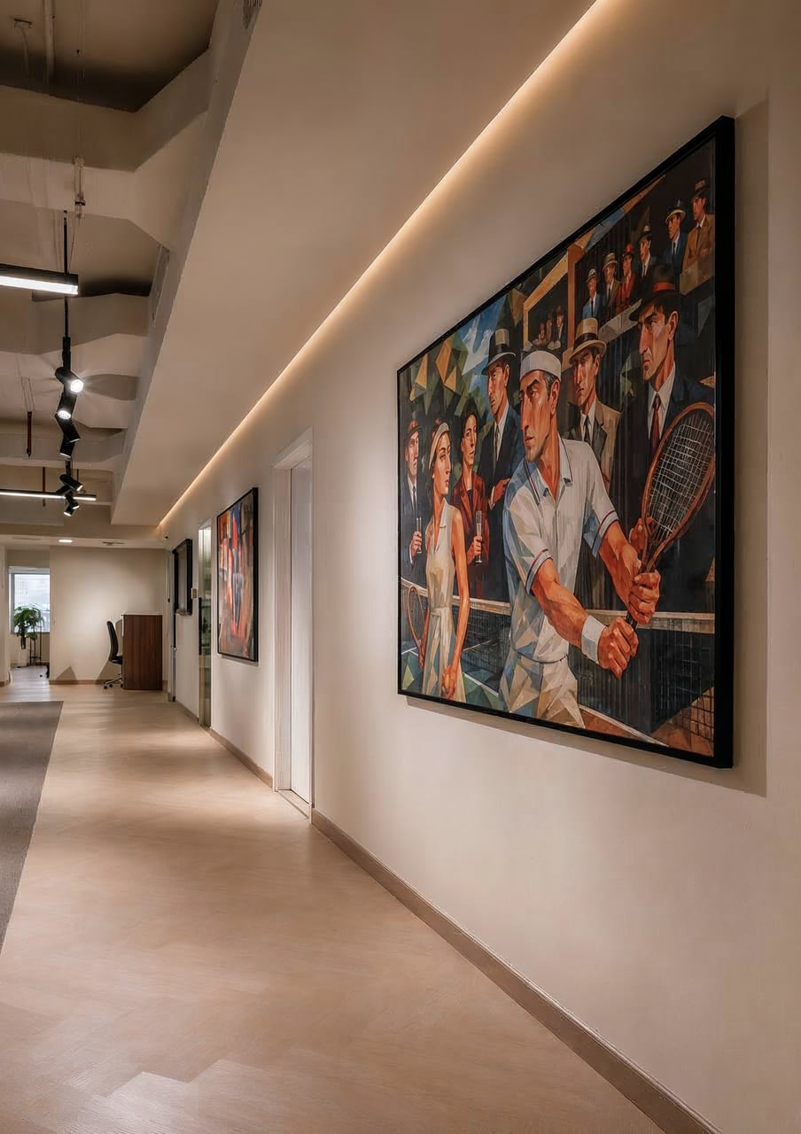 Dubai office corridor with contemporary art and warm lighting