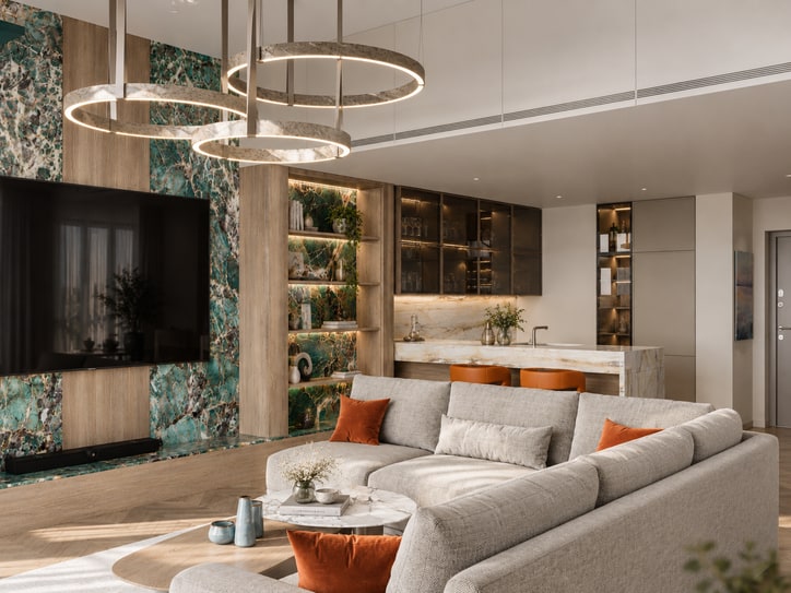 Warm beachfront living room with a green marble island