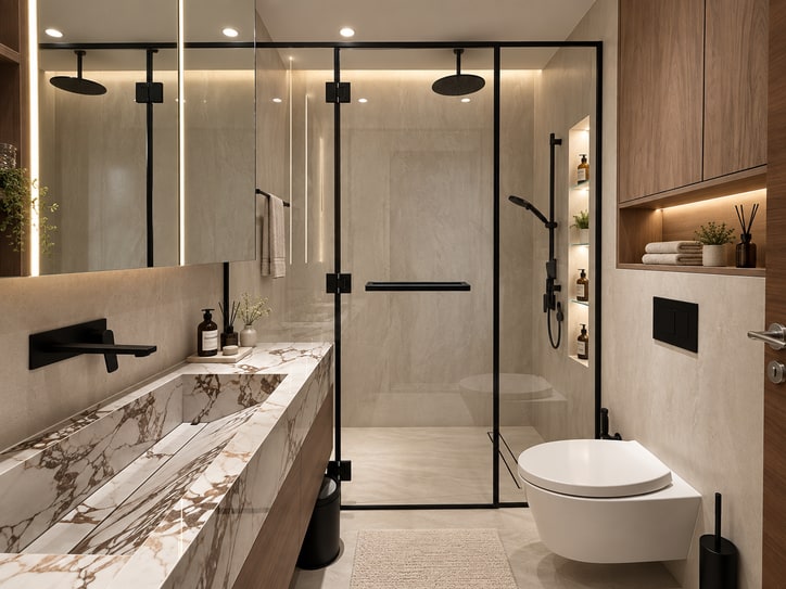 Marble bathroom with a double shower and warm oak cabinetry