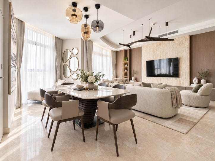 Bright open-plan living and dining room with white cabinetry and pendant lighting